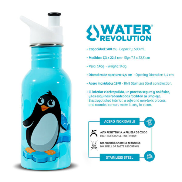 Ampolla Inox Kids 500 ml Water Revolution Blau Pingüí